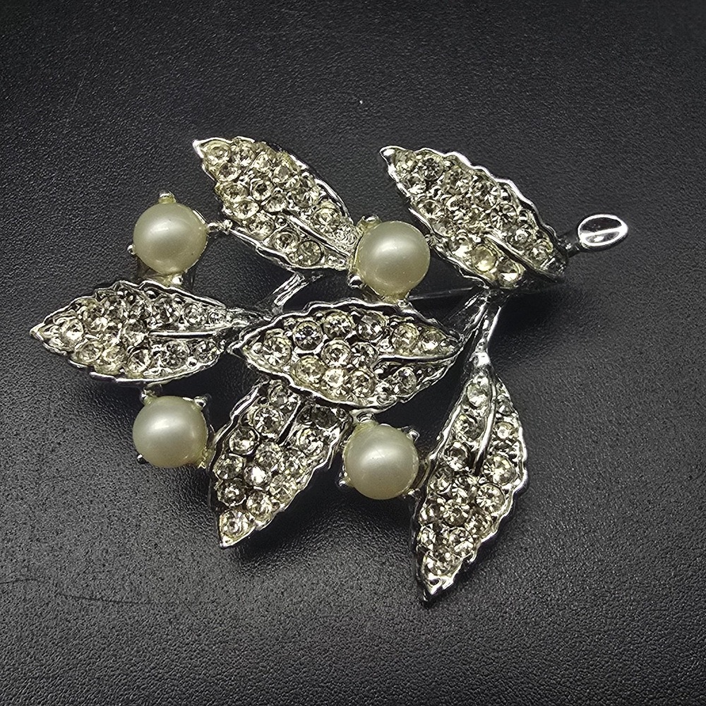 Goldette Rhinestone Faux Pearl Leaf Brooch Silver Tone Vintage Jewelry